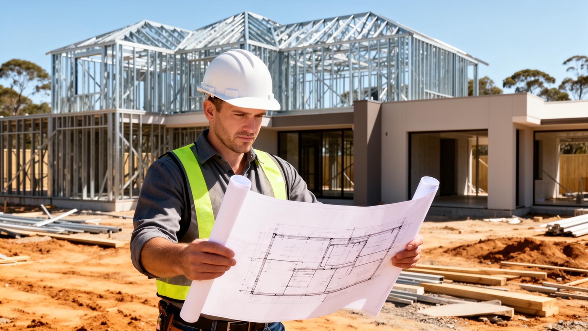 Construction manager reviewing blueprints on a luxury home building site in Sydney