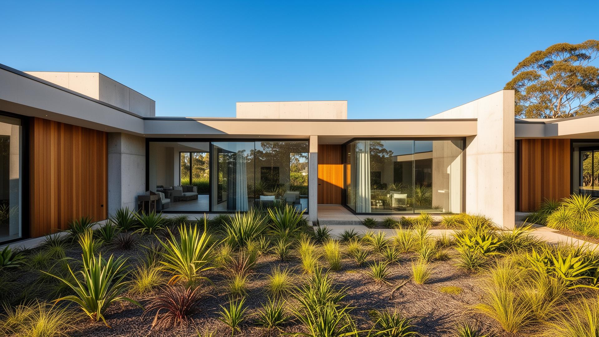 Luxury custom-built modern Australian home with clean architectural lines and native landscaping