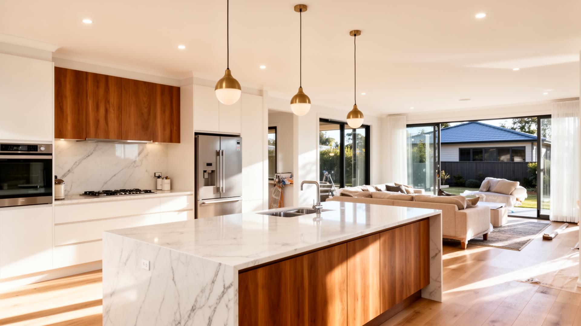 Luxury renovated open-plan kitchen and living area with marble countertops and natural light